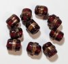 10 10x8mm Transparent Garnet and Gold Band Lampwork Barrel Beads