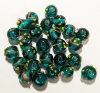 20, 8mm Transparent Emerald Wedding Cake Lampwork Beads With Gold, Pink, and Yellow